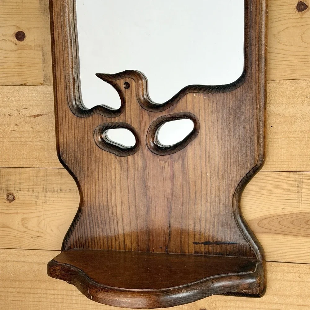 Mirror Mid Century Modern‎ With Shelf and Bird Carving Arch 70's Retro Wall Art
